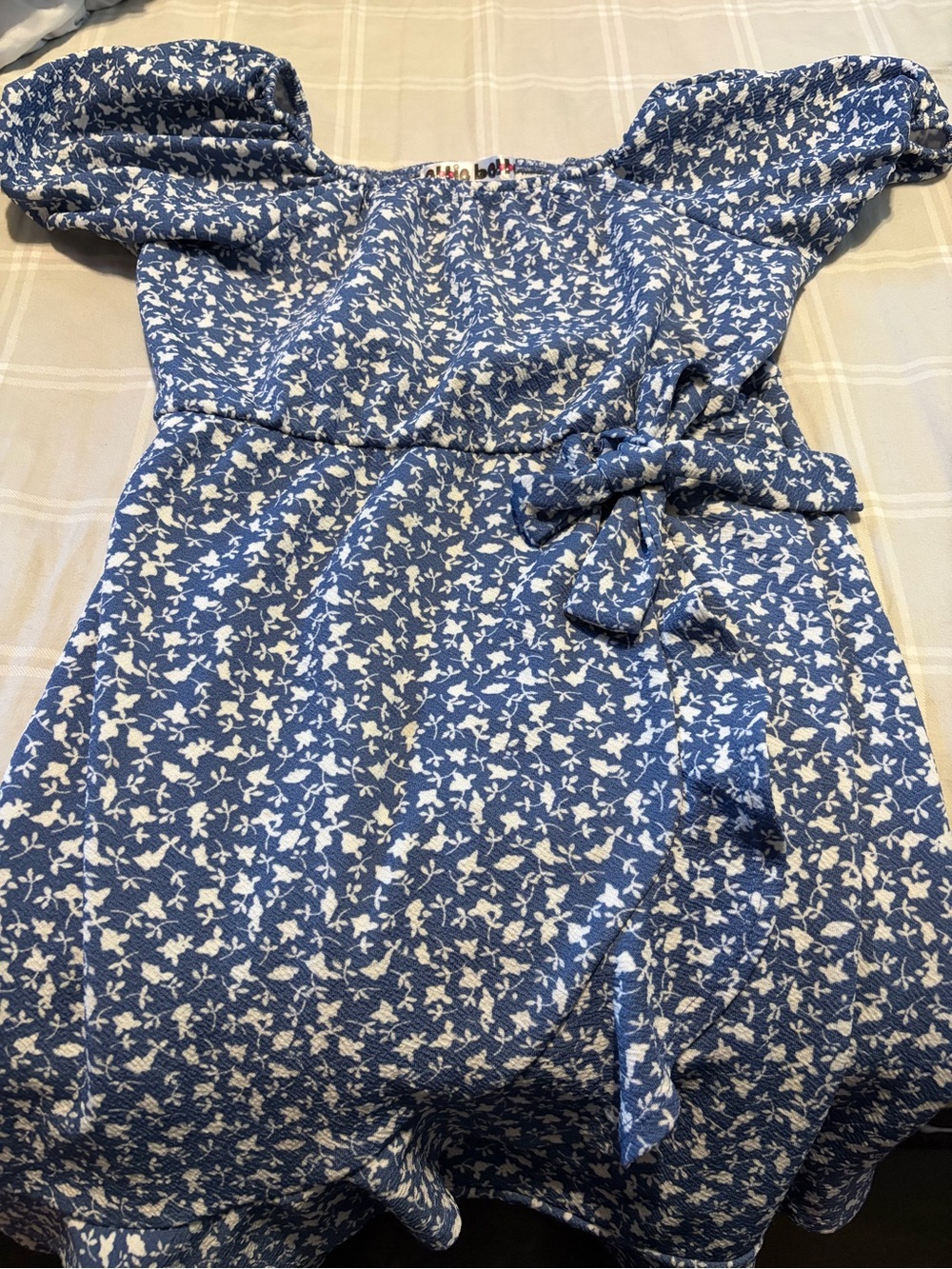 Girls Blue Floral Tie-Waist Casual Dress with Puff Sleeves